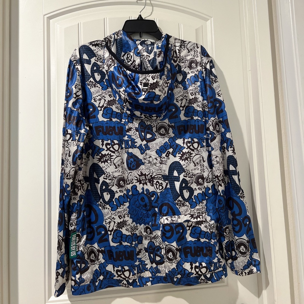 FUBU the Collection blue and white full zip Windbreaker Printed Hoodie Jacket - Picture 4 of 10